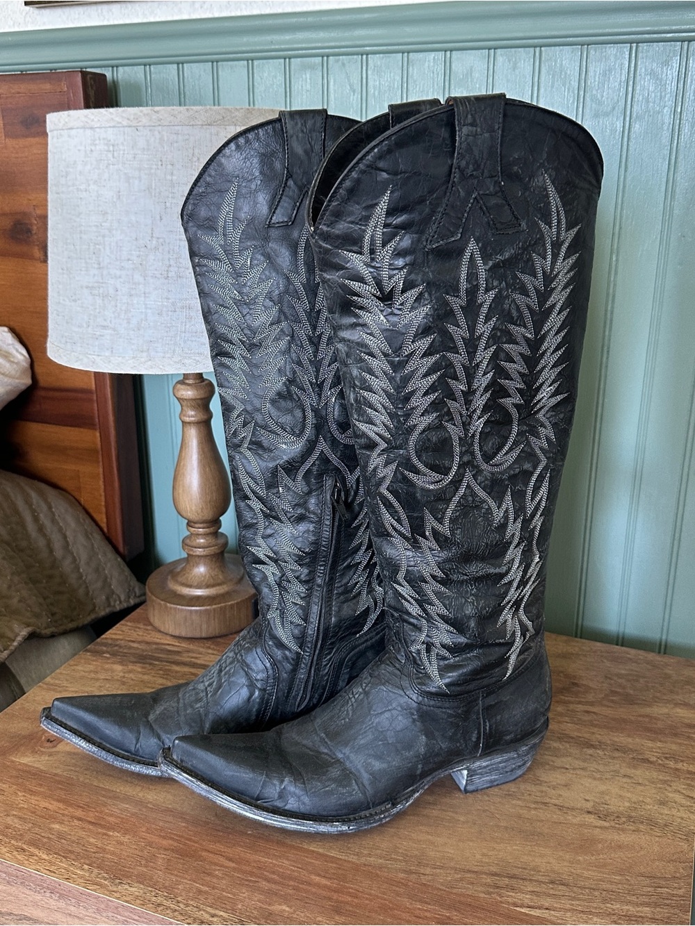 Old Gringo Black Leather Tall Lace-Up Western Boots with Silver Stitching